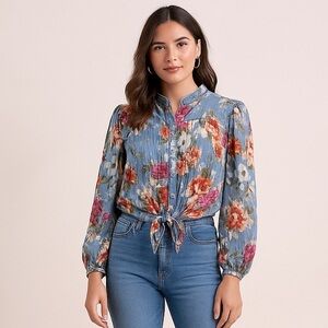 RACHEL Rachel Roy Floral Blouse - Blue and Multicolor Tie Blouse Size L